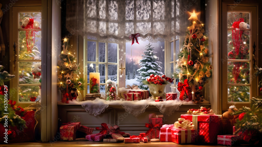 Cozy Christmas interior with wrapped gifts and festive decorations. Generative AI