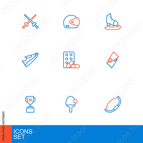 Set line Medieval bow, Racket, Award cup, Flippers for swimming, Fitness sneakers shoes, Sports doping with dumbbell, Skates and Racing helmet icon. Vector