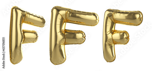 Gold foil balloon letter F on transparent background. 3d render.