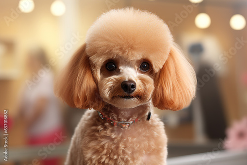 Funny cute animal poodle in a pet beauty salon grooming a puppy