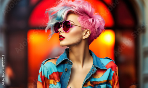 Fashionable Girl with Vivid Hair Color and Sunglasses in Urban Setting: A fashionable girl with vivid hair color and sunglasses poses in an urban setting.