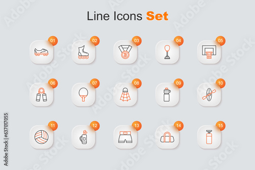 Set line Punching bag, Sport, Boxing short, Golf with clubs, Volleyball ball, Kayak and paddle, Fitness shaker and Badminton shuttlecock icon. Vector