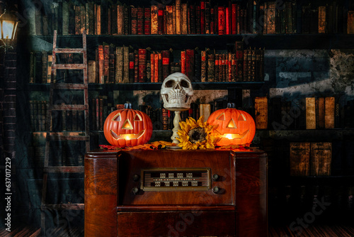 vintage radio decorated for Halloween\
with jack-o-lanterns and skull with old library background