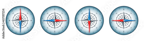 Marine compass, nautical wind rose with cardinal directions of North, East, South, West and degree markings. Geographical position and orientation, cartography and navigation. Vector illustration