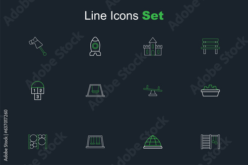 Set line Swedish wall, Playground climbing equipment, Swings for kids, Sandbox with sand, Seesaw, Ferris wheel and Hopscotch icon. Vector