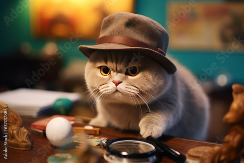 Enigmatic Feline Inspector: The Adventures of a Scottish Fold with Magnifying Glass on the Catnip Trail
 photo