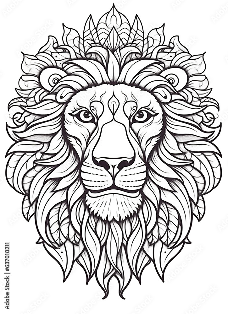 Obraz premium Lion head with ornament. Black and white vector illustration for coloring page
