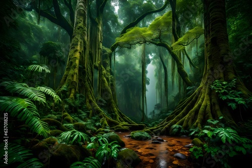 A lush cascading waterfall in a mysterious jungle - AI Generative