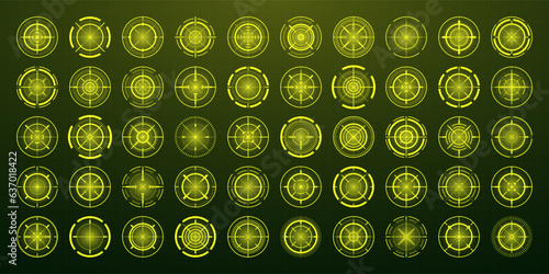 Crosshair, gun sight vector icons. Bullseye, black target or aim symbol. Military rifle scope, shooting mark sign. Targeting, aiming for a shot. Archery, hunting and sports shooting. Game UI element.