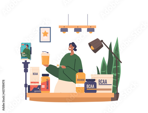 Blogger Female Character Promotes Sports Nutrition Products On Camera, Emphasizing Their Benefits For People