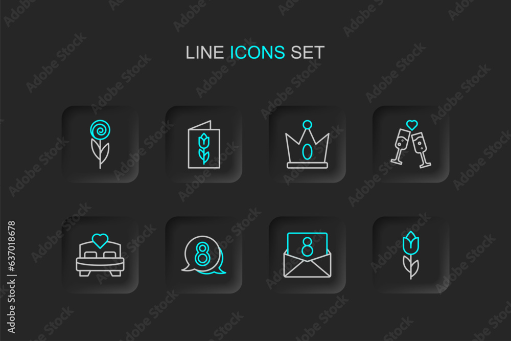 Naklejka premium Set line Flower tulip, Envelope with 8 March, in speech bubble, Bedroom, Glass of champagne, King crown, Greeting card and icon. Vector
