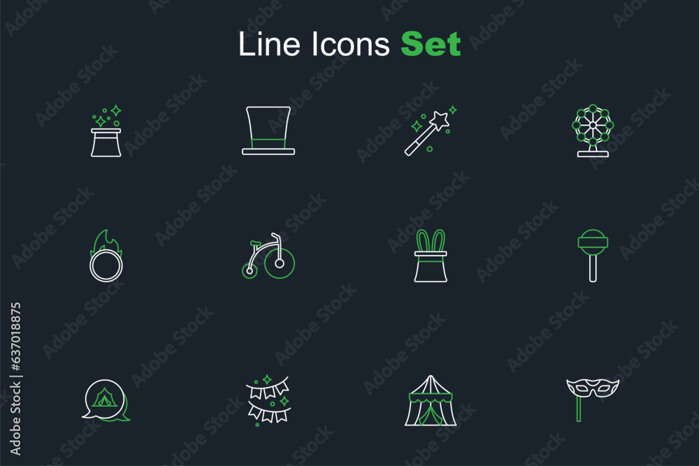 Set line Festive mask, Circus tent, Carnival garland with flags, Lollipop, Magician hat rabbit ears, Vintage bicycle and fire hoop icon. Vector Set line Festive mask, Circus tent, Carnival garland with flags, Lollipop, Magician hat rabbit ears, Vintage bicycle and fire hoop icon. Vector
