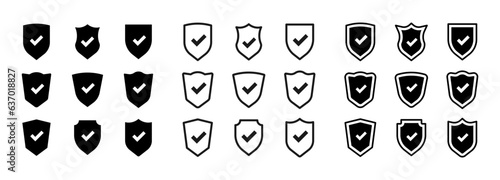 Security shield icons set, security screens logos with checkbox and lock. Shield signs collection. Security shield symbols. Vector illustration.