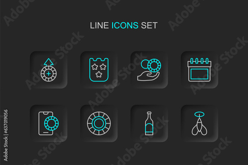 Set line Dart arrow, Bottle of wine, Casino chips, Online sports betting, Calendar, Hand holding casino, Lottery ticket and icon. Vector