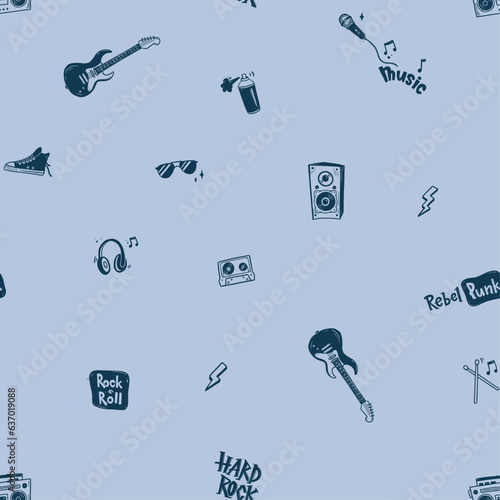 Rock and roll music hand-drawn seamless pattern