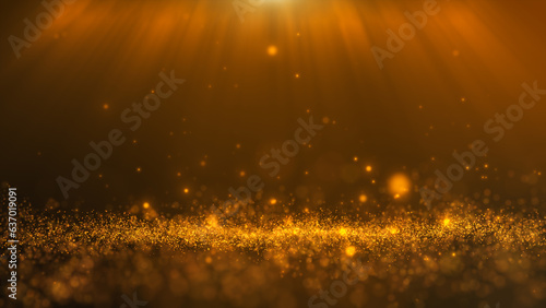 Glitter light gold particles stage and light shine background.