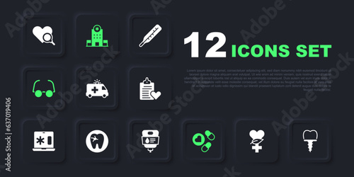 Set Ethnoscience, Dental implant, Ambulance car, Medicine pill or tablet, Glasses, Tooth with caries, Hospital building and IV bag icon. Vector
