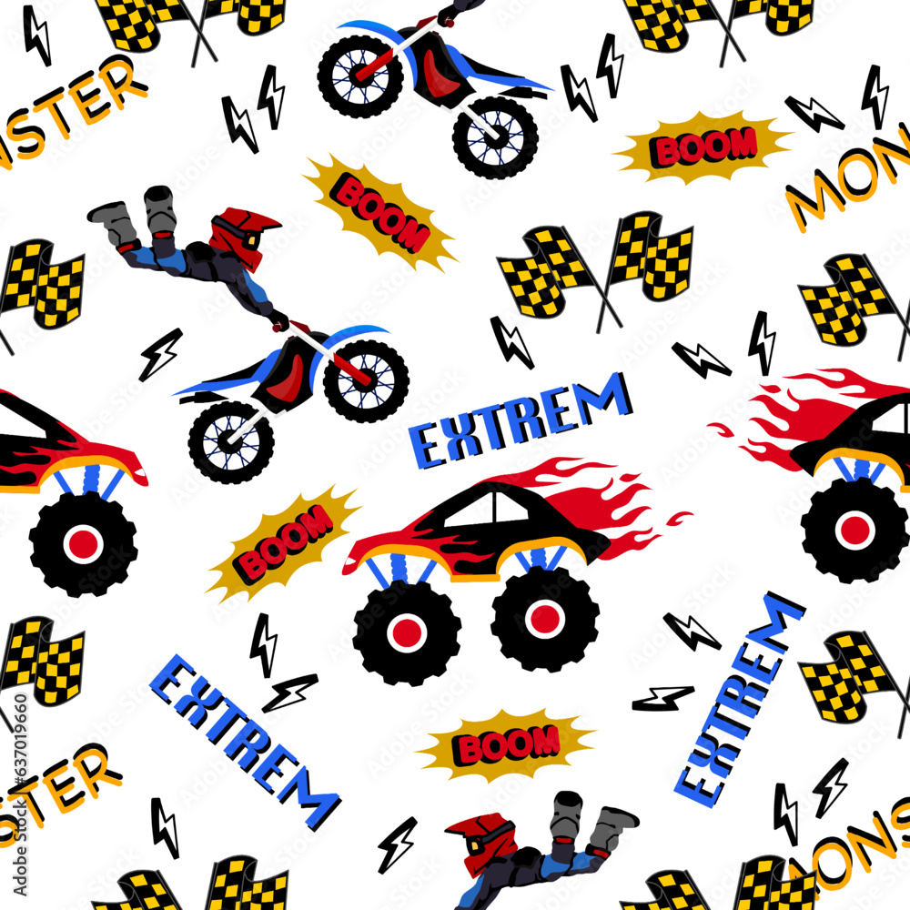 Motorbike jump and monster truck cartoon pattern design .motorcycle extreme pattern for kids clothing, printing, fabric ,cover.motorcycle extreme dirty seamless pattern.