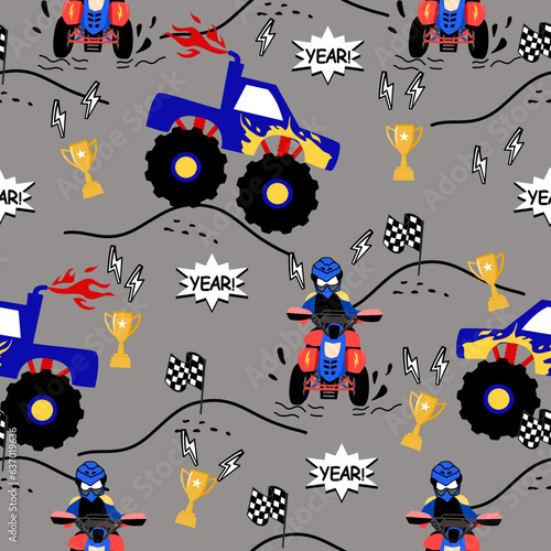 extreme sport cartoon pattern design .Monster truck and ATV extreme sport pattern for kids clothing, printing, fabric ,cover. extreme  sport seamless pattern.
