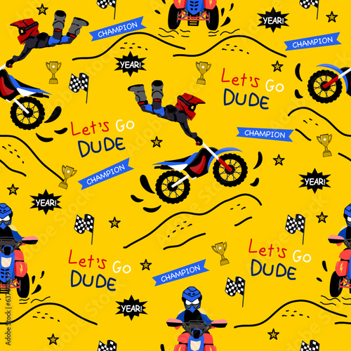 Motor cross  jump cartoon pattern design .motorcycle extreme pattern for kids clothing, printing, fabric ,cover.motorcycle extreme dirty sport seamless pattern.