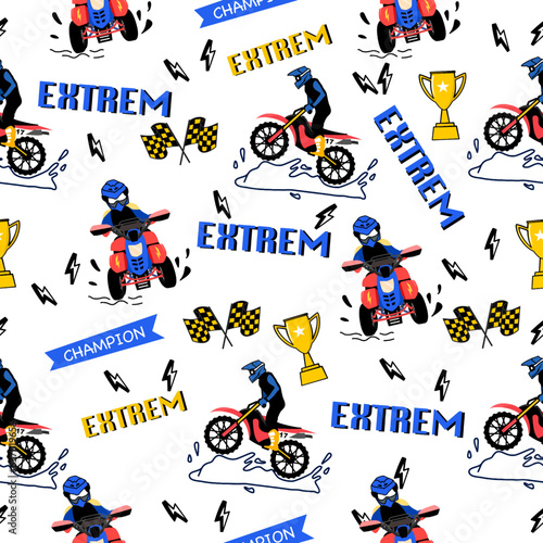 Motorbike dirt and ATV extreme cartoon pattern design .motorcycle and ATV  extreme pattern for kids clothing, printing, fabric ,cover.motorcycle extreme dirty seamless pattern.
