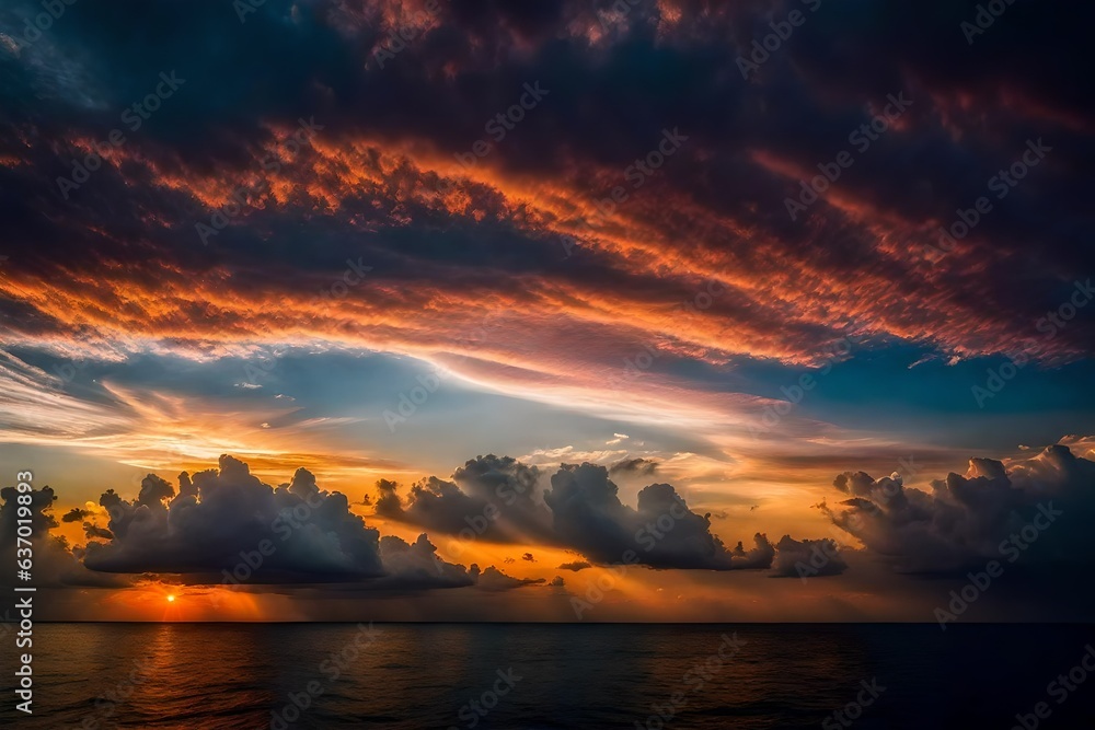 A majestic sky of swirling clouds, illuminated by a brilliant sunset - AI Generative