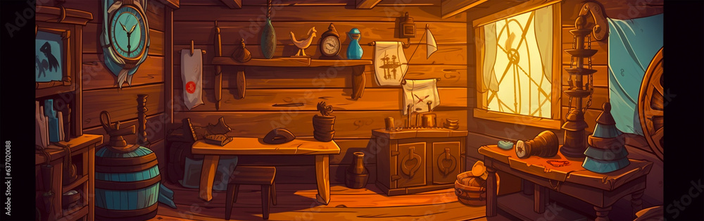 The cabin of the captain of a pirate ship. Wooden room interior, game ...