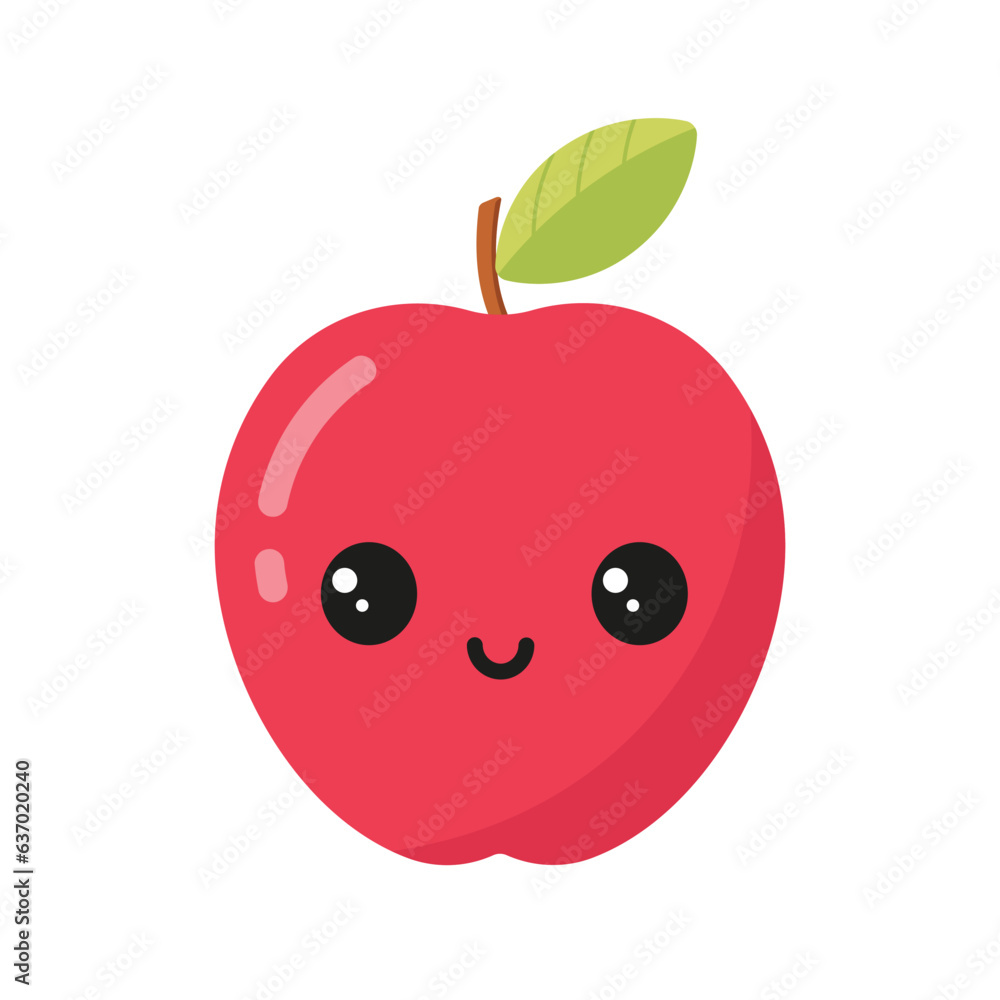 Cute red apple with kawaii eyes. Flat vector illustration isolated on white background. Cute red apple with kawaii eyes. Flat vector illustration isolated on white background.