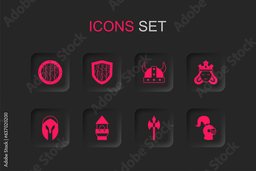 Set Castle tower, Shield, Round wooden shield, Medieval axe, Princess or queen, helmet, Viking horned and icon. Vector