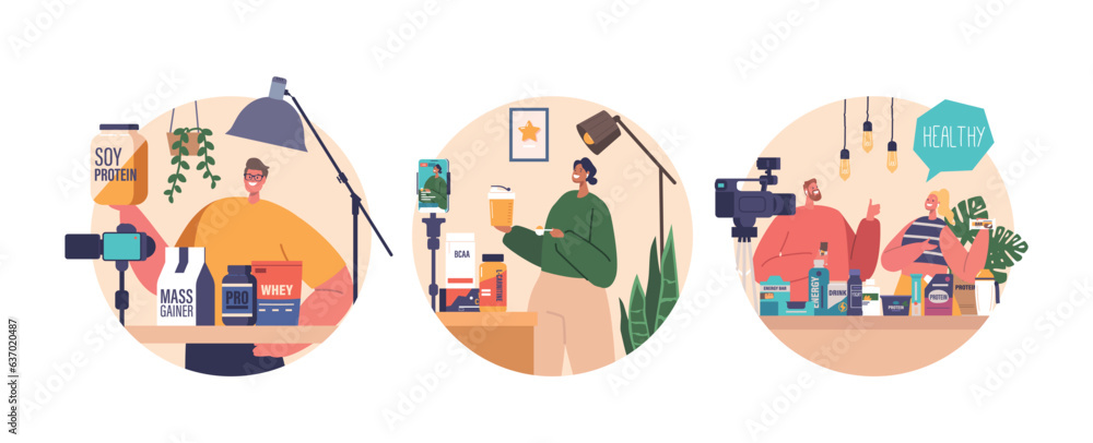 Isolated Round Icons Or Avatars With Blogger Characters Promotes Sports Nutrition Products On Camera
