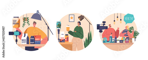 Isolated Round Icons Or Avatars With Blogger Characters Promotes Sports Nutrition Products On Camera