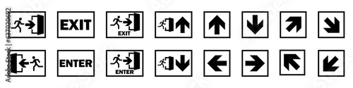 Exit signs. Running man and exit door sign. Direction arrows with inscriptions.