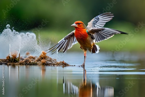 A red-headed woodpecker perched on a weathered, bark-covered tree, its vibrant plumage shining under the dappled sunlight of a lush forest. photo