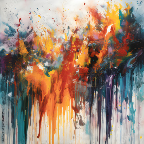 abstract expressionist energetic colorful brushstrokes and drips on light background