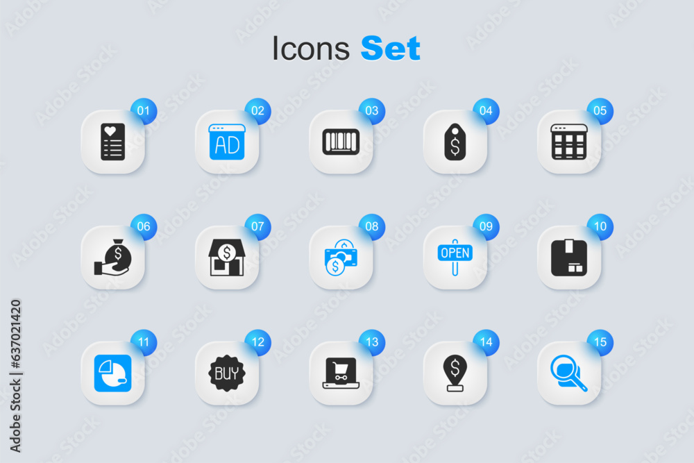 Set Cash location pin, Market store, Advertising, Pie chart infographic, Magnifying glass, Carton cardboard box, Shopping list and Stacks paper money cash icon. Vector Set Cash location pin, Market store, Advertising, Pie chart infographic, Magnifying glass, Carton cardboard box, Shopping list and Stacks paper money cash icon. Vector