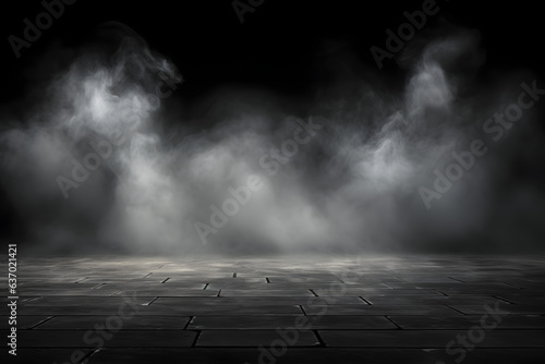 Abstraktes Bild eines dunklen Raumes mit Betonboden. Schwarzer Raum Hintergrund für Productplacement. Panoramablick auf weiße Wolken, Nebel oder Smog auf schwarzem Hintergrund generative ai photo