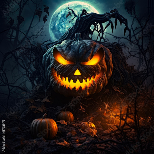 Halloween carved evil pumpkin with glowing eyes