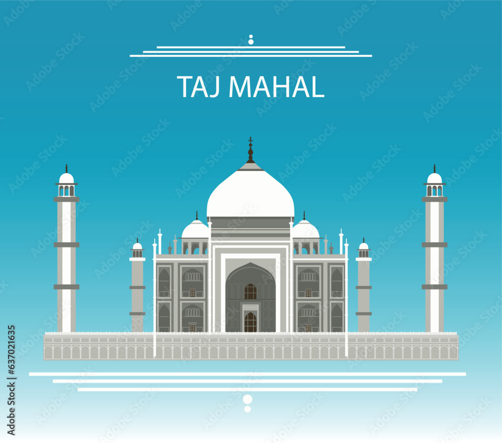 Vector illustration of ancient palace in India - Taj Mahal in flat style. Mausoleum Mosque in Agra