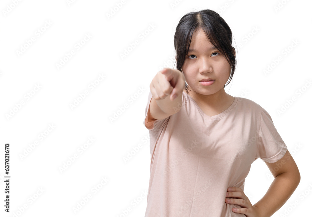 Asian angry enraged girl wearing T-shirt, pointing at you isolated on white background Asian angry enraged girl wearing T-shirt, pointing at you isolated on white background