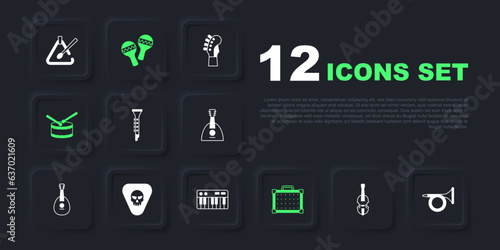 Set Violin, Trumpet, Clarinet, Guitar amplifier, Drum with drum sticks, pick, Maracas and Music synthesizer icon. Vector