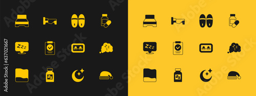 Set Sleeping pill, Earplugs with storage box, Moon and stars, Medical prescription, Slippers, Big bed and Bed icon. Vector
