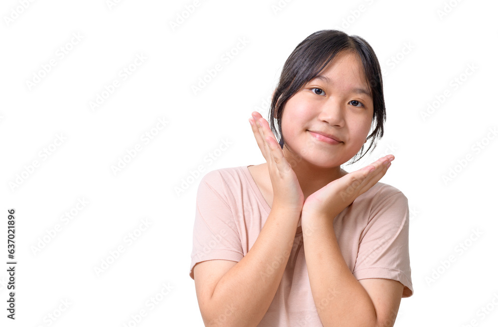 Asian girl raising hands and smile isolated on white background, cute girl Asian girl raising hands and smile isolated on white background, cute girl