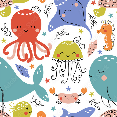 Cute nautical pattern with swimming sea animals - whale, octopus, stingray, sea turtle, crab. Funny seamless vector print hand drawn in doodle style for kids textile, wallpaper