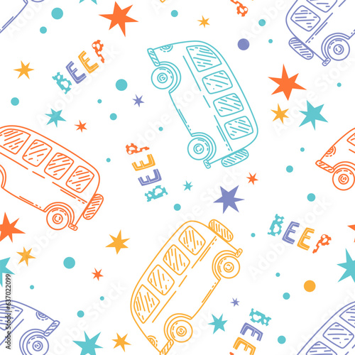 Cute seamless baby vector pattern with bus. Funny illustration for kids textile with repeated ornament of city transport on white background. Auto driving with beep signals