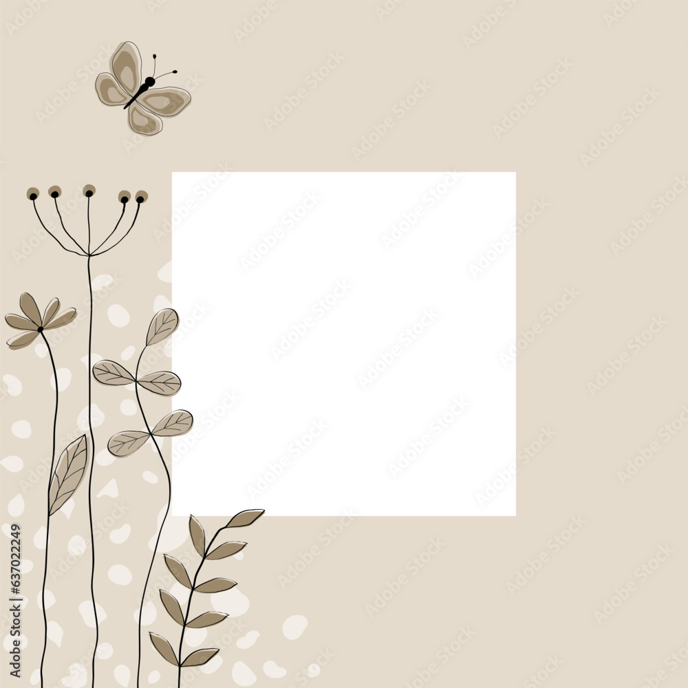 Quadratische Vektorgrafik mit Blumen und Schmetterling in Sandtönen. Freier Platz für Text. Vorlage für Einladungen, Grußkarten, Social Media Posts und Marketing. Quadratische Vektorgrafik mit Blumen und Schmetterling in Sandtönen. Freier Platz für Text. Vorlage für Einladungen, Grußkarten, Social Media Posts und Marketing.