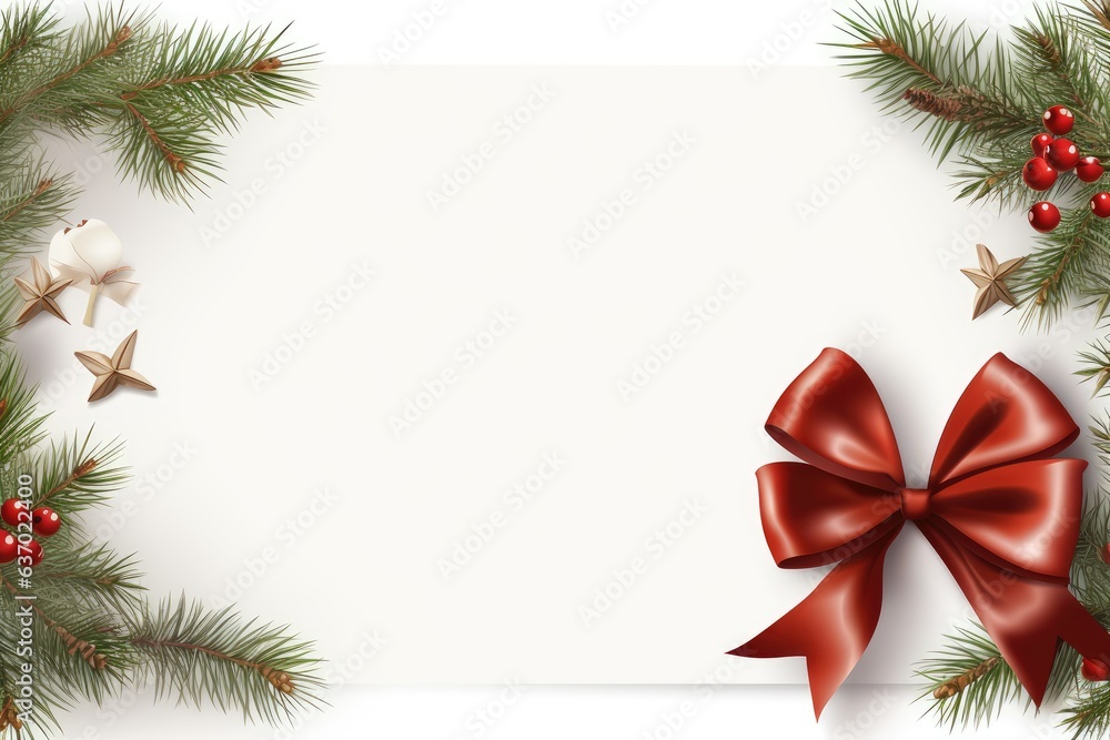 frame with red ribbon and bow, christmas tree decoration, christmas branch, white background frame with red ribbon and bow, christmas tree decoration, christmas branch, white background