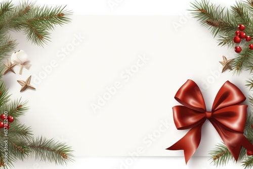 frame with red ribbon and bow, christmas tree decoration, christmas branch, white background