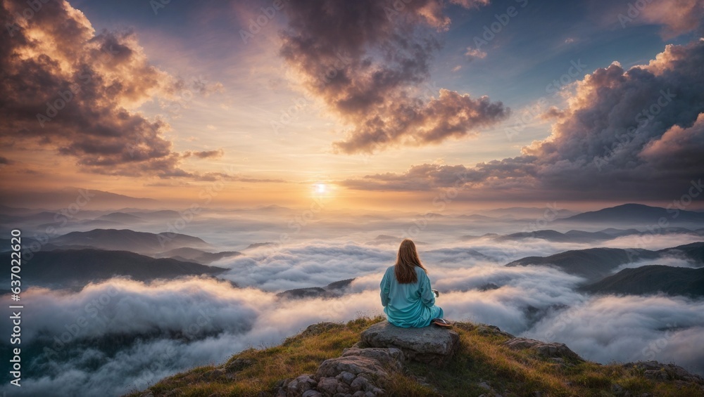 A woman sitting on top of a mountain, gazing at the sky in awe