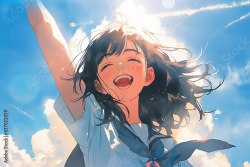 制服を着た女子高校生と夏空
