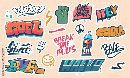 Set of Stickers with Street Art Lettering. Wow, Cool, Break the Rules. Chill, Hey, Hallo and Girl Power. Love or Peace